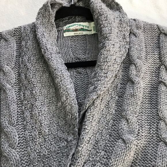 Aran Crafts Ireland 100% merino wool grey cable knit long length cardigan S - Picture 10 of 11